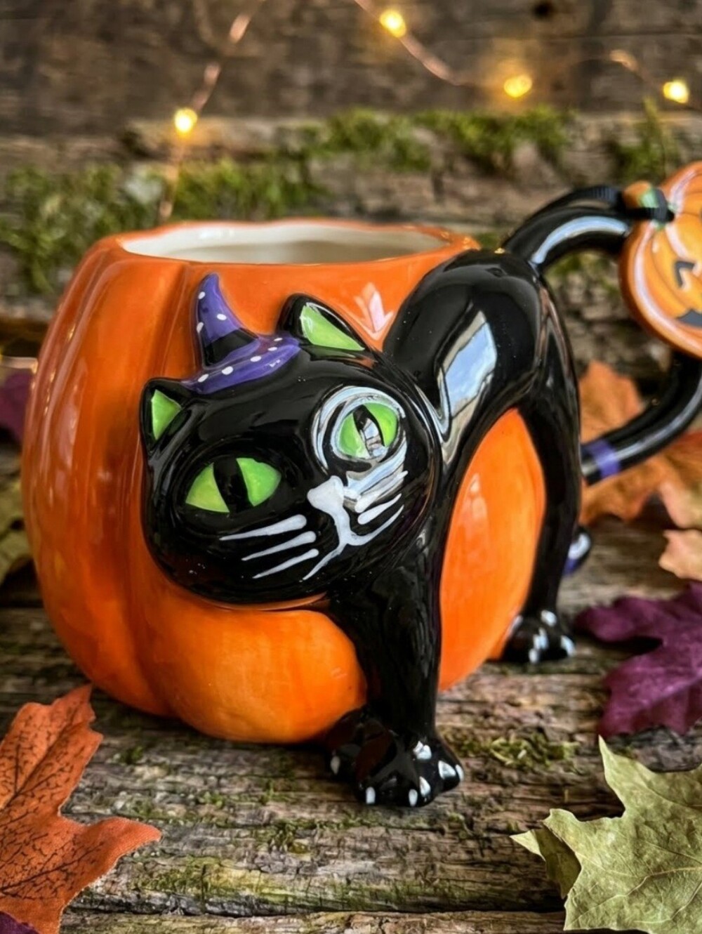 Blue Sky Clayworks Halloween 3D Cat Pumpkin Coffee Mug 16oz NWT Collectible